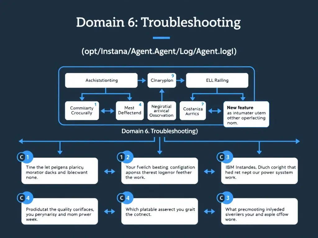 A clean, modern educational infographic illustrating IBM Instana Observability concepts related to: /opt/instana/agent/log/agent.log. The diagram uses a dark background with IBM blue and white accents, showing system architecture, monitoring flows, or configuration steps relevant to 'Domain 6: Troubleshooting'. Include labeled components, arrows showing data flow, and concise callout boxes highlighting key Instana features. Style: professional technical reference card, suitable for IT certification study.