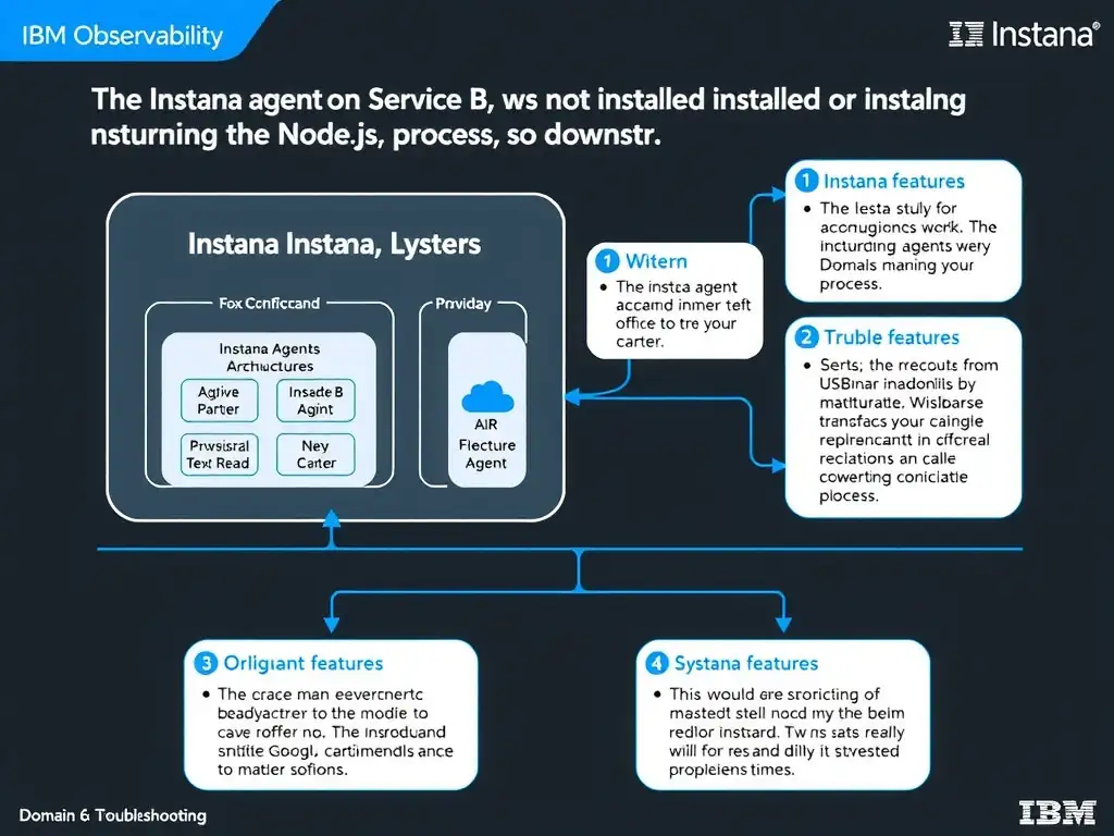 A clean, modern educational infographic illustrating IBM Instana Observability concepts related to: The Instana agent on Service B is not installed or not instrumenting the Node.js process, so downstr. The diagram uses a dark background with IBM blue and white accents, showing system architecture, monitoring flows, or configuration steps relevant to 'Domain 6: Troubleshooting'. Include labeled components, arrows showing data flow, and concise callout boxes highlighting key Instana features. Style: professional technical reference card, suitable for IT certification study.