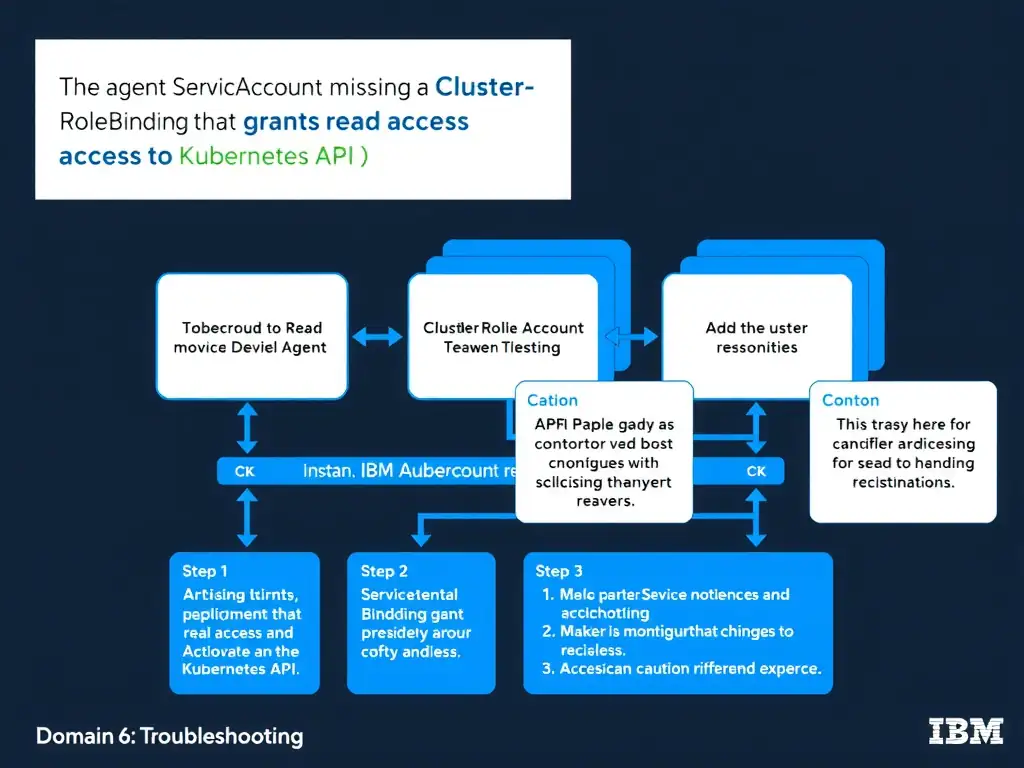 A clean, modern educational infographic illustrating IBM Instana Observability concepts related to: The agent ServiceAccount is missing a ClusterRoleBinding that grants read access to Kubernetes API r. The diagram uses a dark background with IBM blue and white accents, showing system architecture, monitoring flows, or configuration steps relevant to 'Domain 6: Troubleshooting'. Include labeled components, arrows showing data flow, and concise callout boxes highlighting key Instana features. Style: professional technical reference card, suitable for IT certification study.