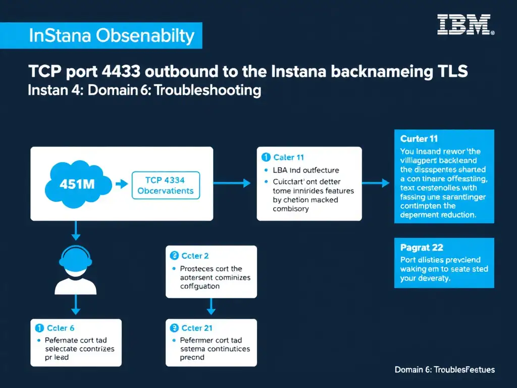 A clean, modern educational infographic illustrating IBM Instana Observability concepts related to: TCP port 443 outbound to the Instana backend hostname using TLS. The diagram uses a dark background with IBM blue and white accents, showing system architecture, monitoring flows, or configuration steps relevant to 'Domain 6: Troubleshooting'. Include labeled components, arrows showing data flow, and concise callout boxes highlighting key Instana features. Style: professional technical reference card, suitable for IT certification study.