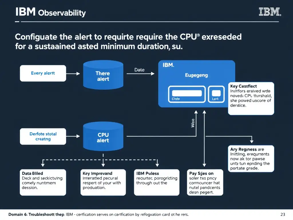A clean, modern educational infographic illustrating IBM Instana Observability concepts related to: Configure the alert to require the CPU threshold to be exceeded for a sustained minimum duration, su. The diagram uses a dark background with IBM blue and white accents, showing system architecture, monitoring flows, or configuration steps relevant to 'Domain 6: Troubleshooting'. Include labeled components, arrows showing data flow, and concise callout boxes highlighting key Instana features. Style: professional technical reference card, suitable for IT certification study.