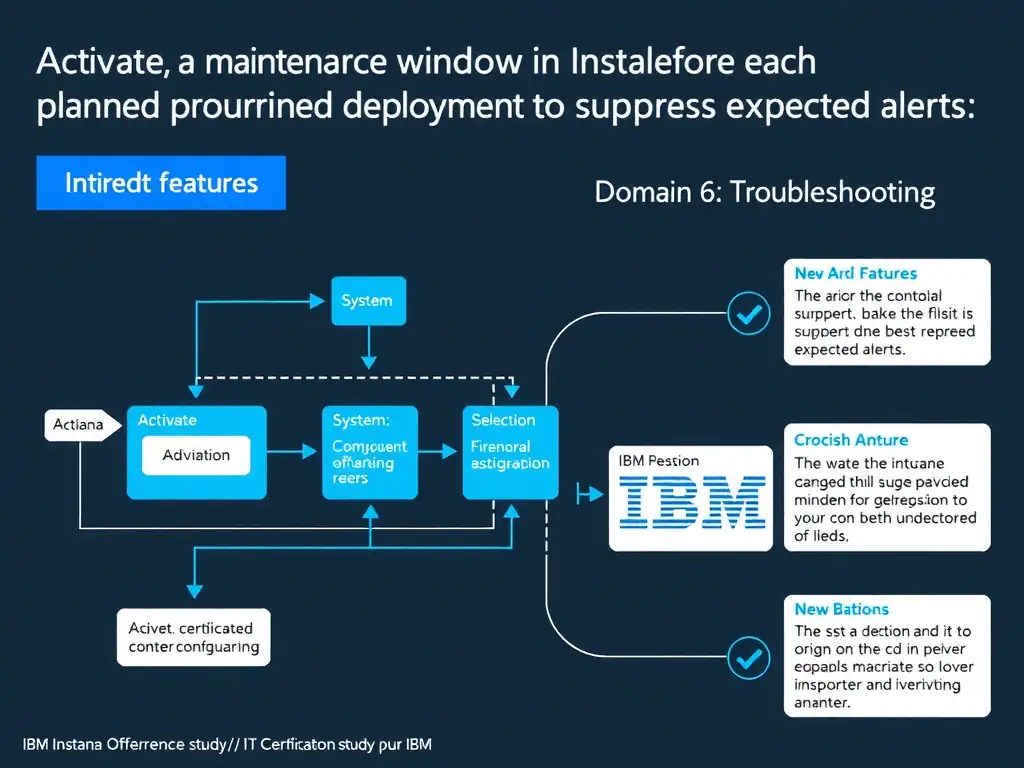 A clean, modern educational infographic illustrating IBM Instana Observability concepts related to: Activate a maintenance window in Instana before each planned deployment to suppress expected alerts . The diagram uses a dark background with IBM blue and white accents, showing system architecture, monitoring flows, or configuration steps relevant to 'Domain 6: Troubleshooting'. Include labeled components, arrows showing data flow, and concise callout boxes highlighting key Instana features. Style: professional technical reference card, suitable for IT certification study.
