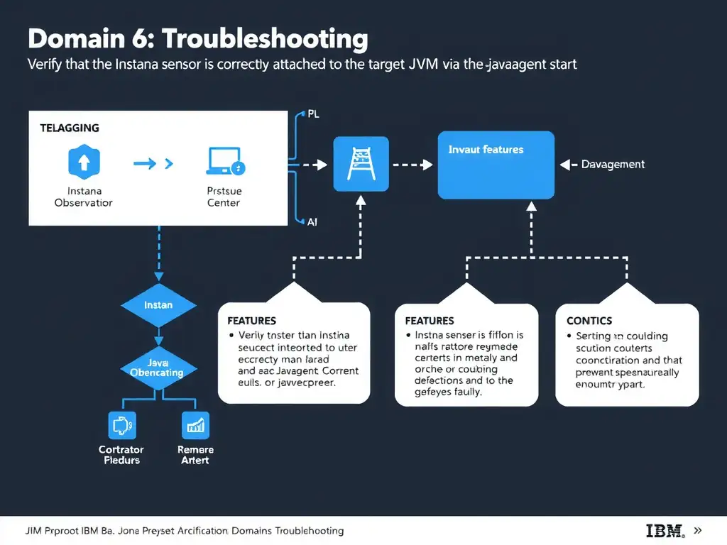 A clean, modern educational infographic illustrating IBM Instana Observability concepts related to: Verify that the Instana Java sensor is correctly attached to the target JVM via the -javaagent start. The diagram uses a dark background with IBM blue and white accents, showing system architecture, monitoring flows, or configuration steps relevant to 'Domain 6: Troubleshooting'. Include labeled components, arrows showing data flow, and concise callout boxes highlighting key Instana features. Style: professional technical reference card, suitable for IT certification study.