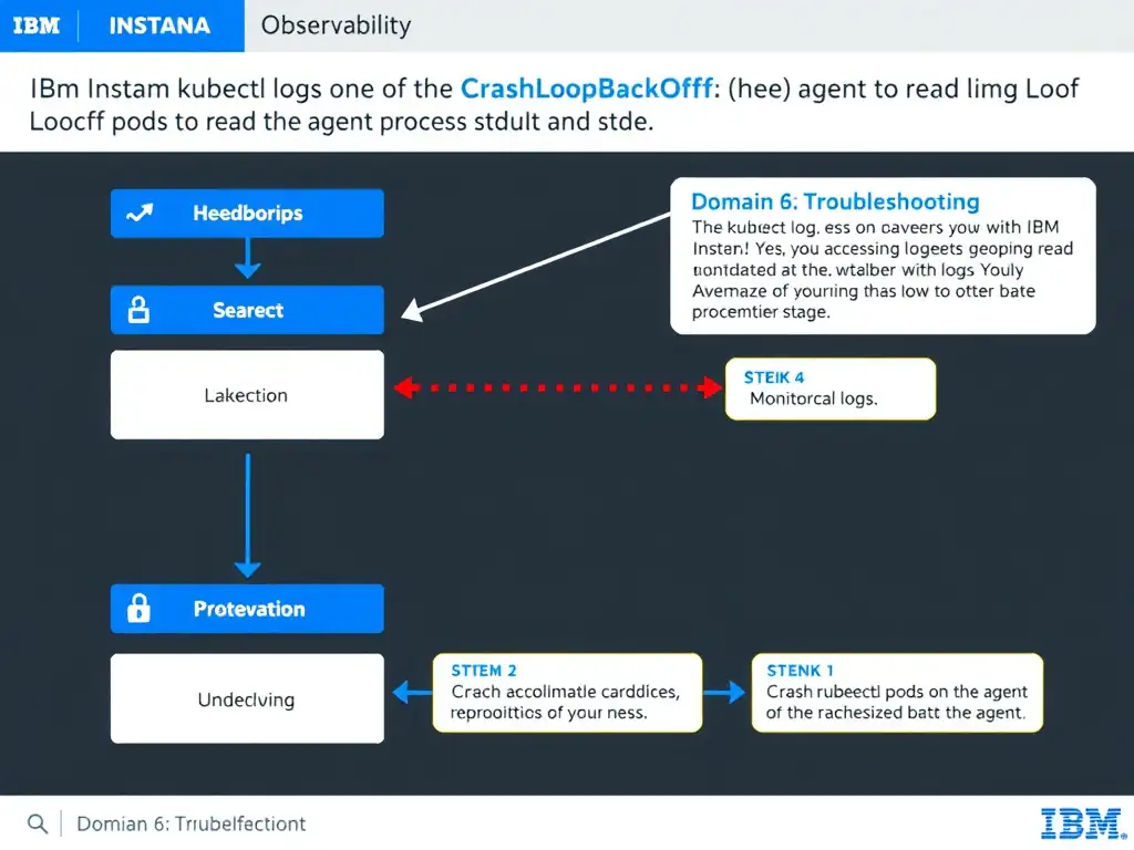 A clean, modern educational infographic illustrating IBM Instana Observability concepts related to: Run kubectl logs on one of the CrashLoopBackOff agent pods to read the agent process stdout and stde. The diagram uses a dark background with IBM blue and white accents, showing system architecture, monitoring flows, or configuration steps relevant to 'Domain 6: Troubleshooting'. Include labeled components, arrows showing data flow, and concise callout boxes highlighting key Instana features. Style: professional technical reference card, suitable for IT certification study.