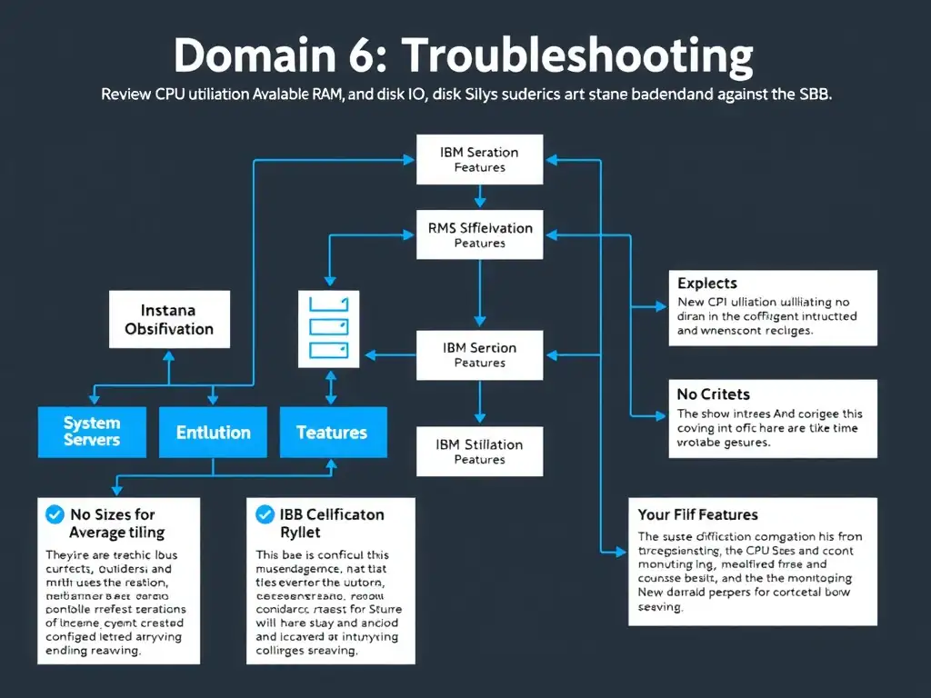 A clean, modern educational infographic illustrating IBM Instana Observability concepts related to: Review CPU utilization, available RAM, and disk I/O on the Instana backend servers against the offic. The diagram uses a dark background with IBM blue and white accents, showing system architecture, monitoring flows, or configuration steps relevant to 'Domain 6: Troubleshooting'. Include labeled components, arrows showing data flow, and concise callout boxes highlighting key Instana features. Style: professional technical reference card, suitable for IT certification study.