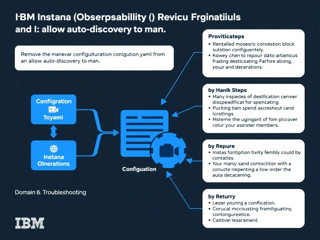 A clean, modern educational infographic illustrating IBM Instana Observability concepts related to: Remove the manual sensor configuration block from configuration.yaml and allow auto-discovery to man. The diagram uses a dark background with IBM blue and white accents, showing system architecture, monitoring flows, or configuration steps relevant to 'Domain 6: Troubleshooting'. Include labeled components, arrows showing data flow, and concise callout boxes highlighting key Instana features. Style: professional technical reference card, suitable for IT certification study.