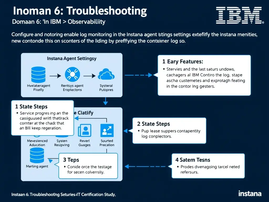 A clean, modern educational infographic illustrating IBM Instana Observability concepts related to: Configure and enable log monitoring in the Instana agent settings by specifying the container log so. The diagram uses a dark background with IBM blue and white accents, showing system architecture, monitoring flows, or configuration steps relevant to 'Domain 6: Troubleshooting'. Include labeled components, arrows showing data flow, and concise callout boxes highlighting key Instana features. Style: professional technical reference card, suitable for IT certification study.