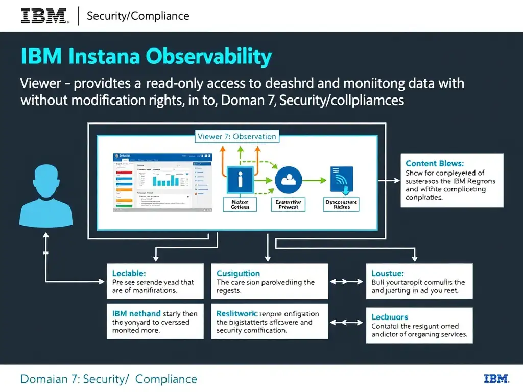 A clean, modern educational infographic illustrating IBM Instana Observability concepts related to: Viewer — provides read-only access to dashboards and monitoring data without modification rights. The diagram uses a dark background with IBM blue and white accents, showing system architecture, monitoring flows, or configuration steps relevant to 'Domain 7: Security/Compliance'. Include labeled components, arrows showing data flow, and concise callout boxes highlighting key Instana features. Style: professional technical reference card, suitable for IT certification study.