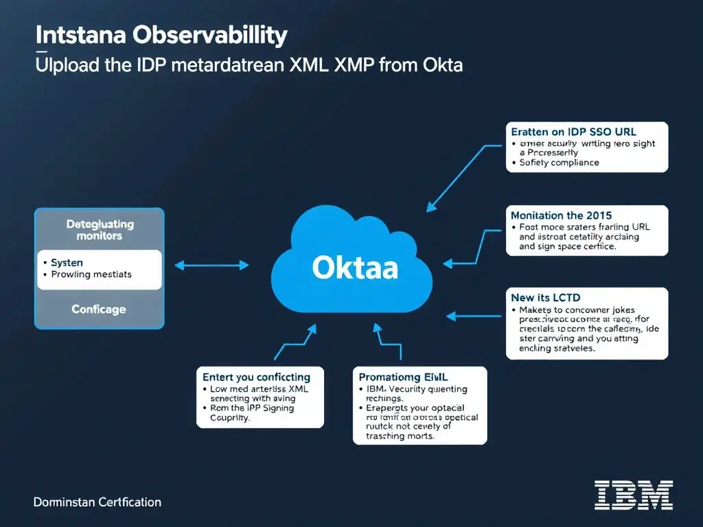 A clean, modern educational infographic illustrating IBM Instana Observability concepts related to: Upload the IdP metadata XML from Okta — or manually enter the IdP SSO URL and signing certificate — . The diagram uses a dark background with IBM blue and white accents, showing system architecture, monitoring flows, or configuration steps relevant to 'Domain 7: Security/Compliance'. Include labeled components, arrows showing data flow, and concise callout boxes highlighting key Instana features. Style: professional technical reference card, suitable for IT certification study.