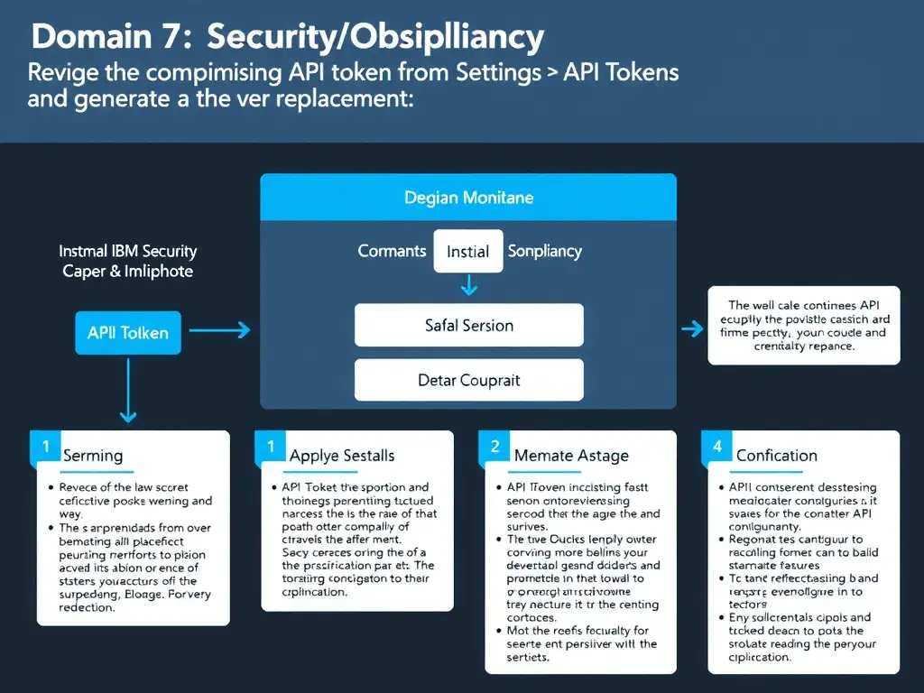 A clean, modern educational infographic illustrating IBM Instana Observability concepts related to: Revoke the compromised API token immediately from Settings > API Tokens and generate a replacement t. The diagram uses a dark background with IBM blue and white accents, showing system architecture, monitoring flows, or configuration steps relevant to 'Domain 7: Security/Compliance'. Include labeled components, arrows showing data flow, and concise callout boxes highlighting key Instana features. Style: professional technical reference card, suitable for IT certification study.