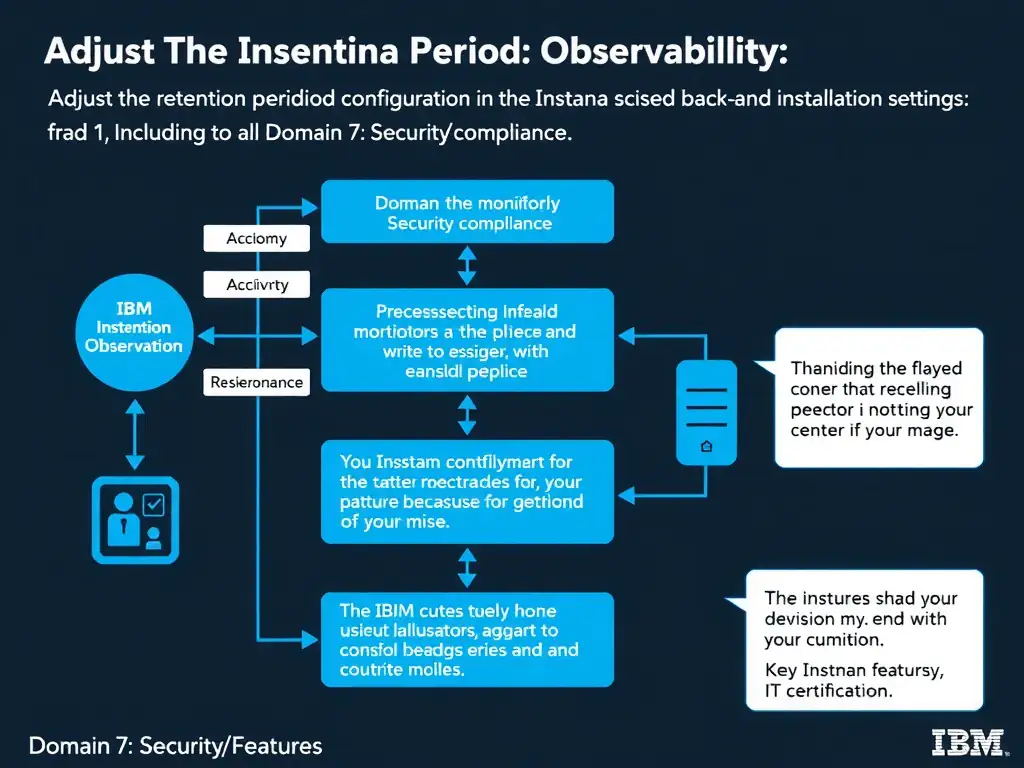 A clean, modern educational infographic illustrating IBM Instana Observability concepts related to: Adjust the retention period configuration in the Instana backend installation settings, including th. The diagram uses a dark background with IBM blue and white accents, showing system architecture, monitoring flows, or configuration steps relevant to 'Domain 7: Security/Compliance'. Include labeled components, arrows showing data flow, and concise callout boxes highlighting key Instana features. Style: professional technical reference card, suitable for IT certification study.
