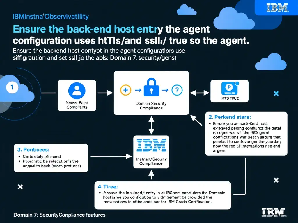 A clean, modern educational infographic illustrating IBM Instana Observability concepts related to: Ensure the backend host entry in the agent configuration uses https:// and set ssl: true so the agen. The diagram uses a dark background with IBM blue and white accents, showing system architecture, monitoring flows, or configuration steps relevant to 'Domain 7: Security/Compliance'. Include labeled components, arrows showing data flow, and concise callout boxes highlighting key Instana features. Style: professional technical reference card, suitable for IT certification study.