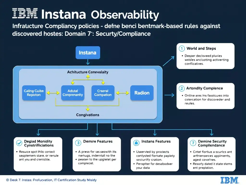 A clean, modern educational infographic illustrating IBM Instana Observability concepts related to: Infrastructure Compliance policies — define benchmark-based rules evaluated against discovered hosts. The diagram uses a dark background with IBM blue and white accents, showing system architecture, monitoring flows, or configuration steps relevant to 'Domain 7: Security/Compliance'. Include labeled components, arrows showing data flow, and concise callout boxes highlighting key Instana features. Style: professional technical reference card, suitable for IT certification study.