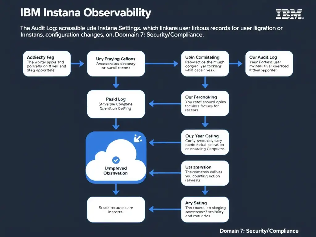 A clean, modern educational infographic illustrating IBM Instana Observability concepts related to: The Audit Log, accessible under Instana Settings, which records user logins, configuration changes, . The diagram uses a dark background with IBM blue and white accents, showing system architecture, monitoring flows, or configuration steps relevant to 'Domain 7: Security/Compliance'. Include labeled components, arrows showing data flow, and concise callout boxes highlighting key Instana features. Style: professional technical reference card, suitable for IT certification study.