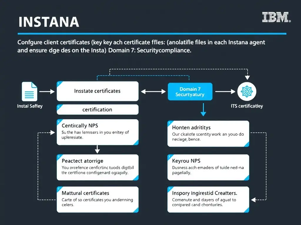 A clean, modern educational infographic illustrating IBM Instana Observability concepts related to: Configure client certificates (key and certificate files) in each Instana agent and ensure the Insta. The diagram uses a dark background with IBM blue and white accents, showing system architecture, monitoring flows, or configuration steps relevant to 'Domain 7: Security/Compliance'. Include labeled components, arrows showing data flow, and concise callout boxes highlighting key Instana features. Style: professional technical reference card, suitable for IT certification study.