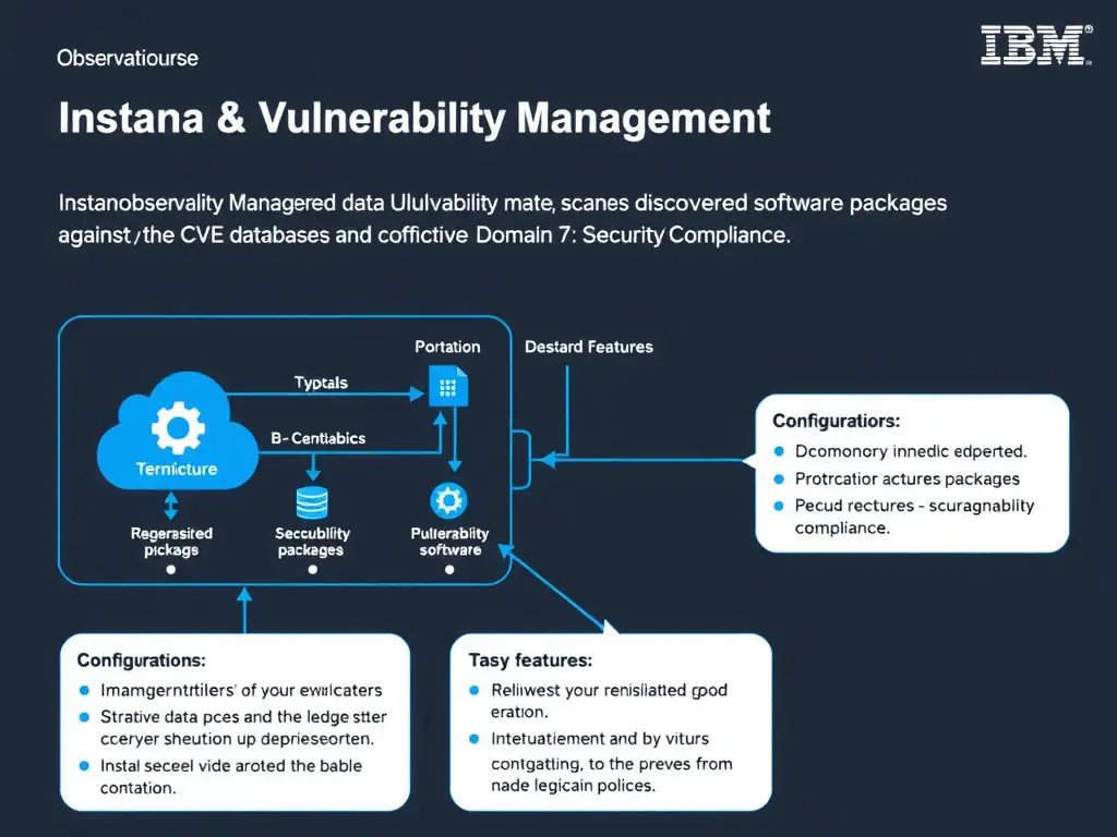 A clean, modern educational infographic illustrating IBM Instana Observability concepts related to: Instana Vulnerability Management, which scans discovered software packages against CVE databases and. The diagram uses a dark background with IBM blue and white accents, showing system architecture, monitoring flows, or configuration steps relevant to 'Domain 7: Security/Compliance'. Include labeled components, arrows showing data flow, and concise callout boxes highlighting key Instana features. Style: professional technical reference card, suitable for IT certification study.
