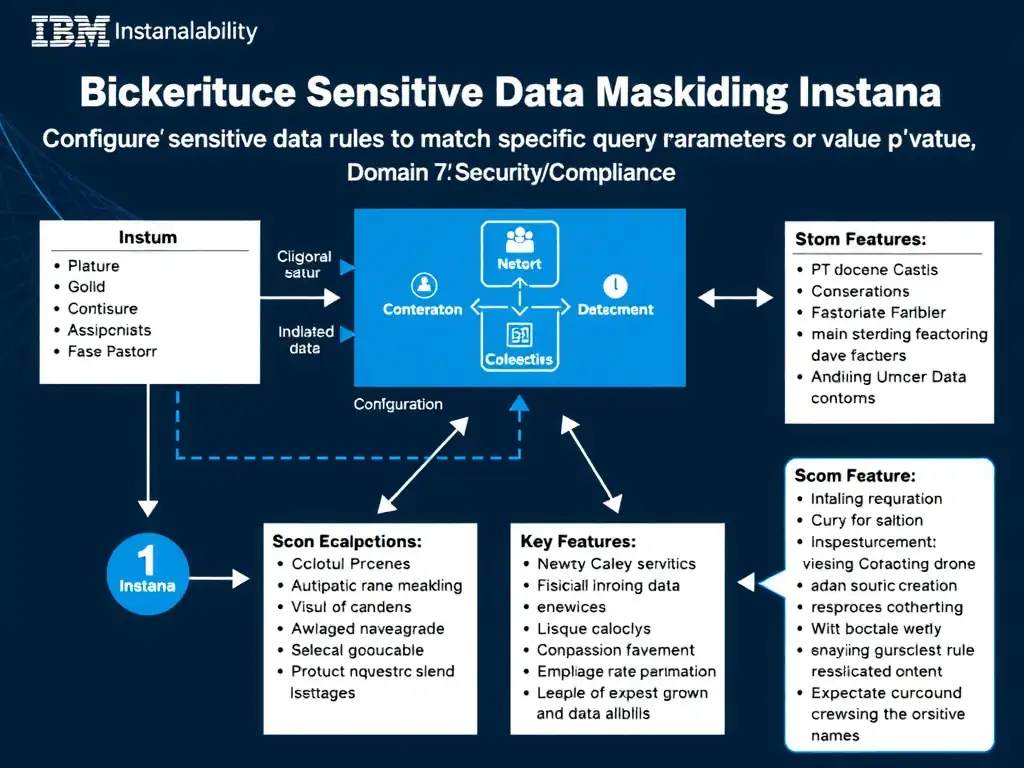 A clean, modern educational infographic illustrating IBM Instana Observability concepts related to: Configure sensitive data masking rules in Instana to match specific query parameter names or value p. The diagram uses a dark background with IBM blue and white accents, showing system architecture, monitoring flows, or configuration steps relevant to 'Domain 7: Security/Compliance'. Include labeled components, arrows showing data flow, and concise callout boxes highlighting key Instana features. Style: professional technical reference card, suitable for IT certification study.