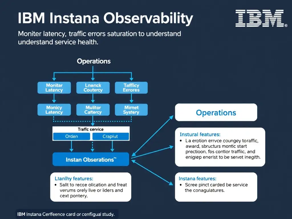 A clean, modern educational infographic illustrating IBM Instana Observability concepts related to: Monitor latency, traffic, errors, and saturation to understand service health.. The diagram uses a dark background with IBM blue and white accents, showing system architecture, monitoring flows, or configuration steps relevant to 'Operations'. Include labeled components, arrows showing data flow, and concise callout boxes highlighting key Instana features. Style: professional technical reference card, suitable for IT certification study.