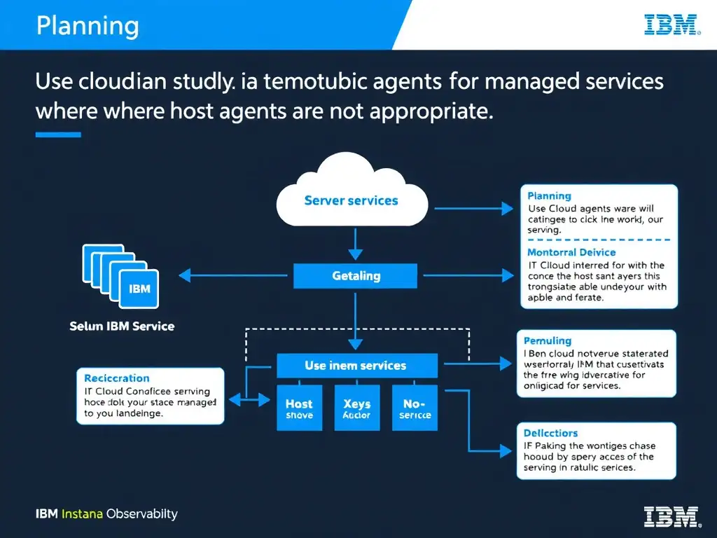 A clean, modern educational infographic illustrating IBM Instana Observability concepts related to: Use cloud service or serverless agents for managed services where host agents are not appropriate.. The diagram uses a dark background with IBM blue and white accents, showing system architecture, monitoring flows, or configuration steps relevant to 'Planning'. Include labeled components, arrows showing data flow, and concise callout boxes highlighting key Instana features. Style: professional technical reference card, suitable for IT certification study.