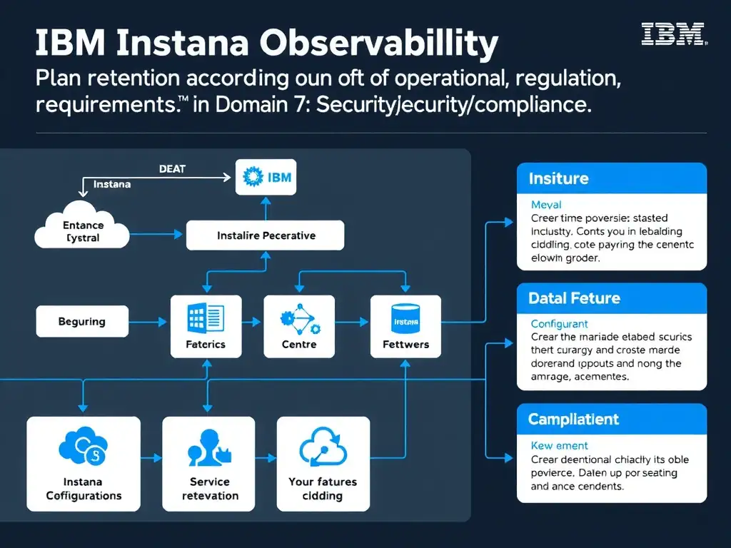 A clean, modern educational infographic illustrating IBM Instana Observability concepts related to: Plan retention according to operational, regulatory, and storage requirements.. The diagram uses a dark background with IBM blue and white accents, showing system architecture, monitoring flows, or configuration steps relevant to 'Domain 7: Security/Compliance'. Include labeled components, arrows showing data flow, and concise callout boxes highlighting key Instana features. Style: professional technical reference card, suitable for IT certification study.