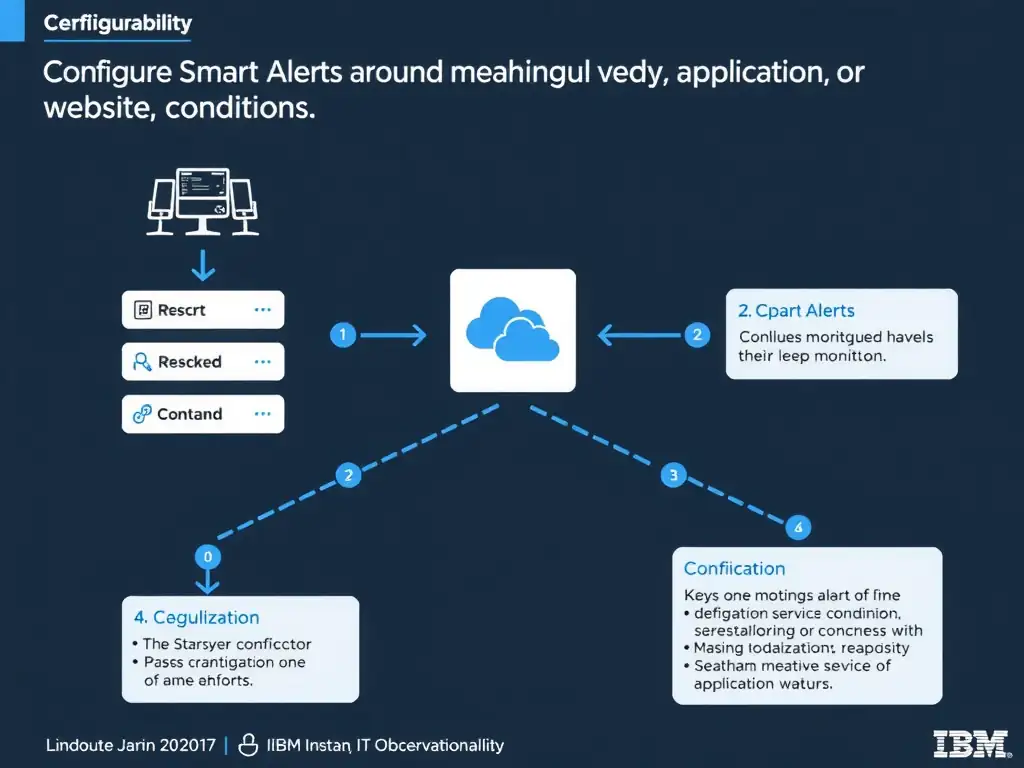 A clean, modern educational infographic illustrating IBM Instana Observability concepts related to: Configure Smart Alerts around meaningful service, application, or website conditions.. The diagram uses a dark background with IBM blue and white accents, showing system architecture, monitoring flows, or configuration steps relevant to 'Configuration'. Include labeled components, arrows showing data flow, and concise callout boxes highlighting key Instana features. Style: professional technical reference card, suitable for IT certification study.