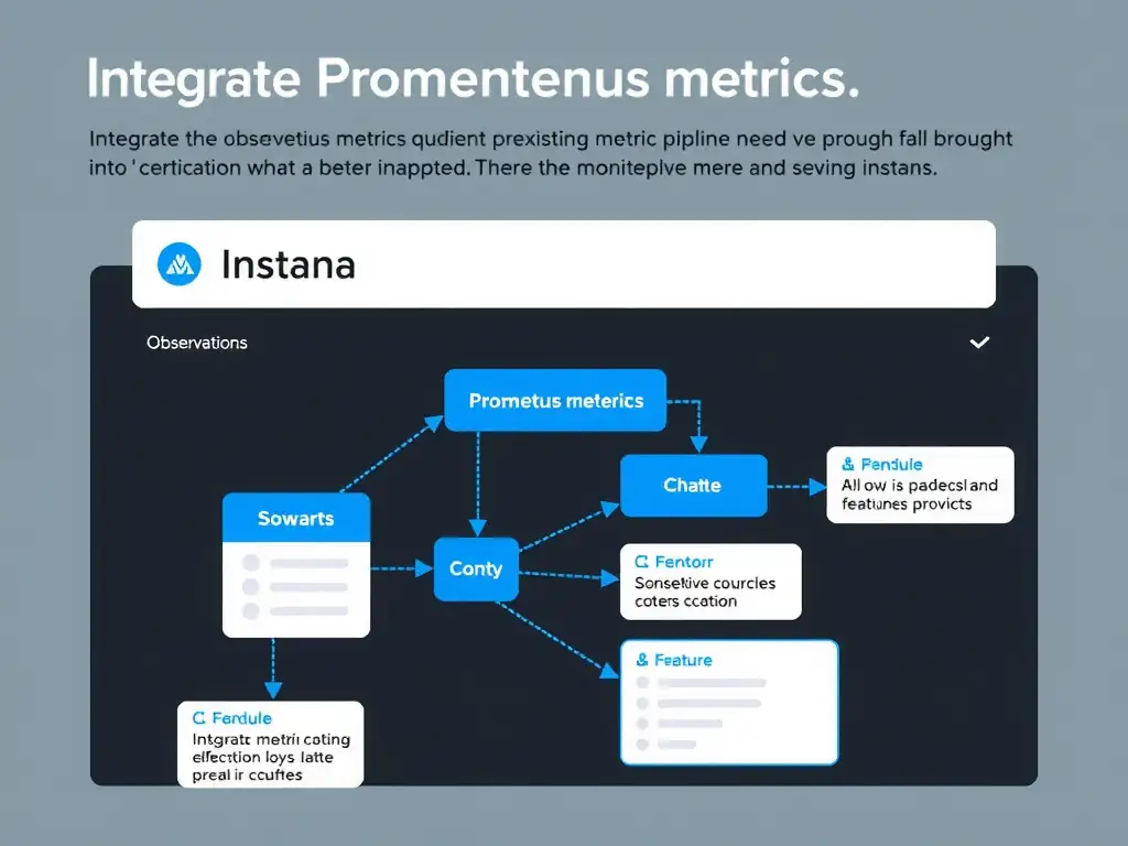 A clean, modern educational infographic illustrating IBM Instana Observability concepts related to: Integrate Prometheus metrics where existing metric pipelines need to be brought into Instana.. The diagram uses a dark background with IBM blue and white accents, showing system architecture, monitoring flows, or configuration steps relevant to 'Integration'. Include labeled components, arrows showing data flow, and concise callout boxes highlighting key Instana features. Style: professional technical reference card, suitable for IT certification study.