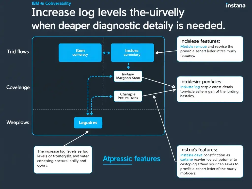 A clean, modern educational infographic illustrating IBM Instana Observability concepts related to: Increase log levels temporarily and narrowly when deeper diagnostic detail is needed.. The diagram uses a dark background with IBM blue and white accents, showing system architecture, monitoring flows, or configuration steps relevant to 'Domain 6: Troubleshooting'. Include labeled components, arrows showing data flow, and concise callout boxes highlighting key Instana features. Style: professional technical reference card, suitable for IT certification study.