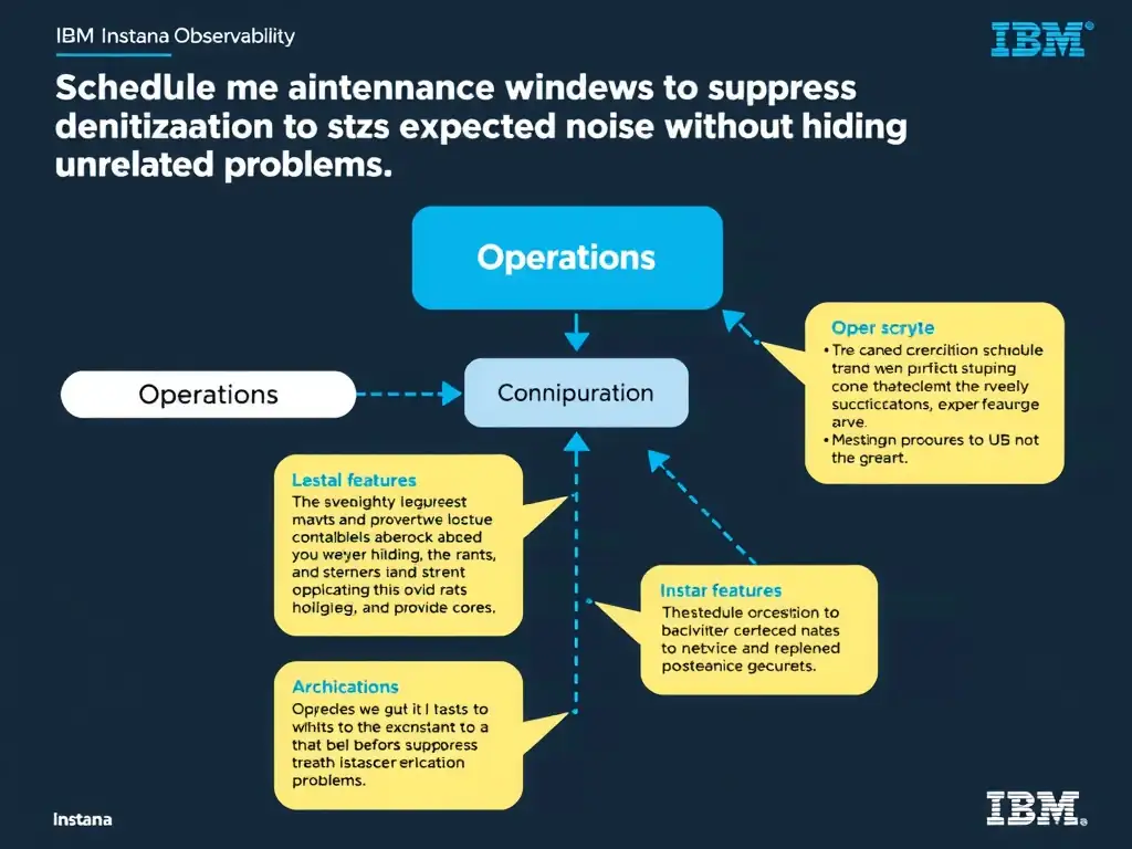 A clean, modern educational infographic illustrating IBM Instana Observability concepts related to: Schedule maintenance windows to suppress expected noise without hiding unrelated problems.. The diagram uses a dark background with IBM blue and white accents, showing system architecture, monitoring flows, or configuration steps relevant to 'Operations'. Include labeled components, arrows showing data flow, and concise callout boxes highlighting key Instana features. Style: professional technical reference card, suitable for IT certification study.