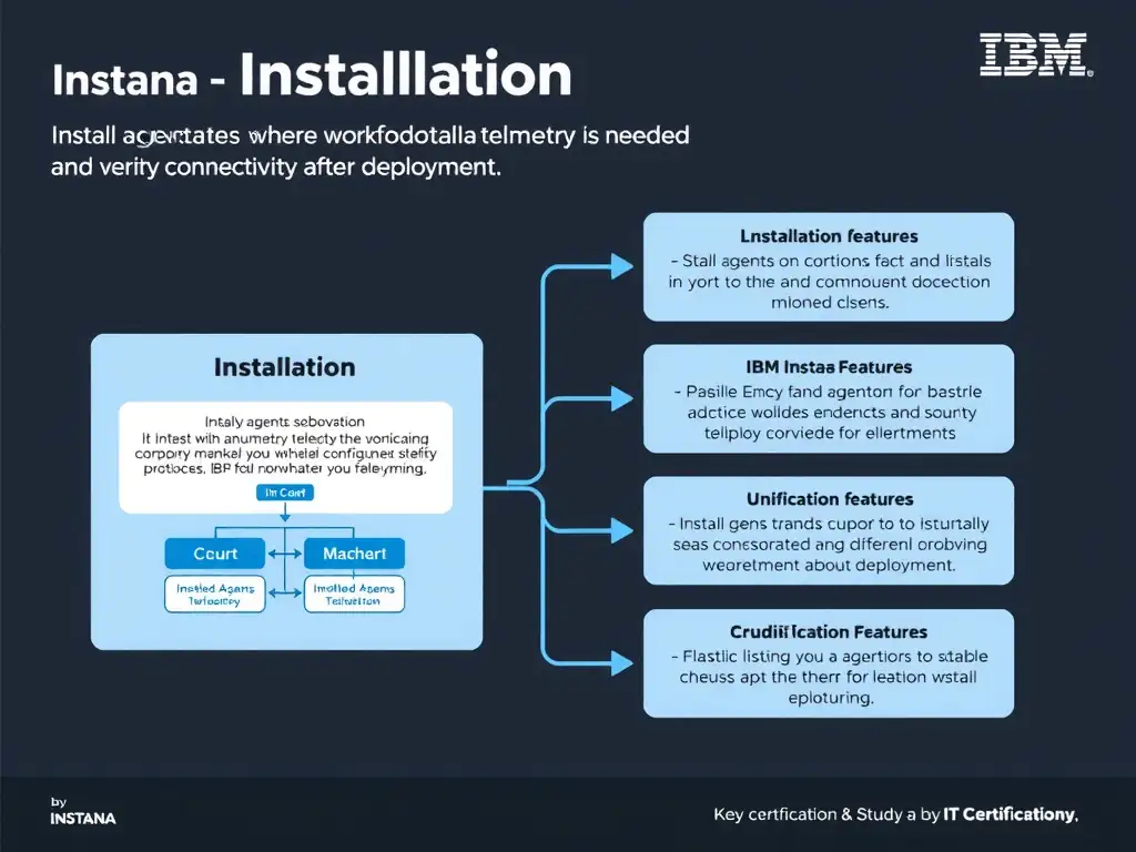 A clean, modern educational infographic illustrating IBM Instana Observability concepts related to: Install agents where workload telemetry is needed and verify connectivity after deployment.. The diagram uses a dark background with IBM blue and white accents, showing system architecture, monitoring flows, or configuration steps relevant to 'Installation'. Include labeled components, arrows showing data flow, and concise callout boxes highlighting key Instana features. Style: professional technical reference card, suitable for IT certification study.