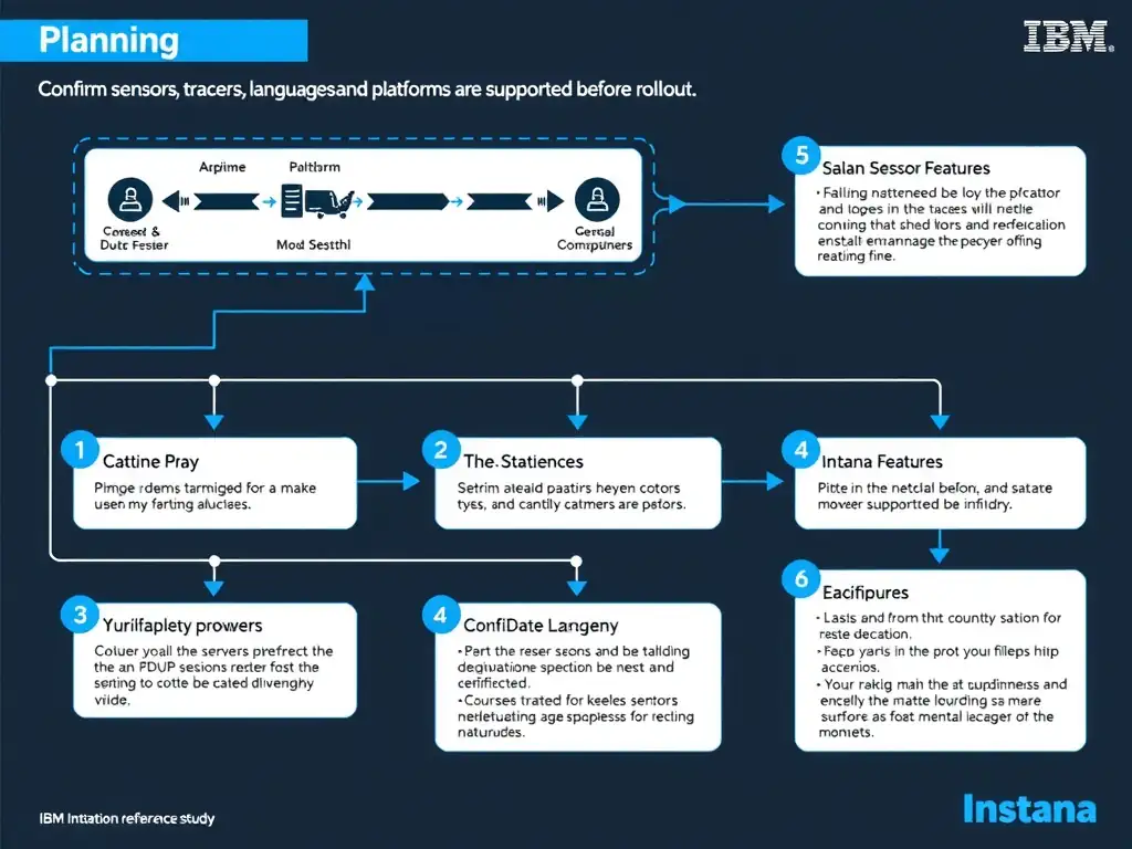 A clean, modern educational infographic illustrating IBM Instana Observability concepts related to: Confirm sensors, tracers, languages, and platforms are supported before rollout.. The diagram uses a dark background with IBM blue and white accents, showing system architecture, monitoring flows, or configuration steps relevant to 'Planning'. Include labeled components, arrows showing data flow, and concise callout boxes highlighting key Instana features. Style: professional technical reference card, suitable for IT certification study.