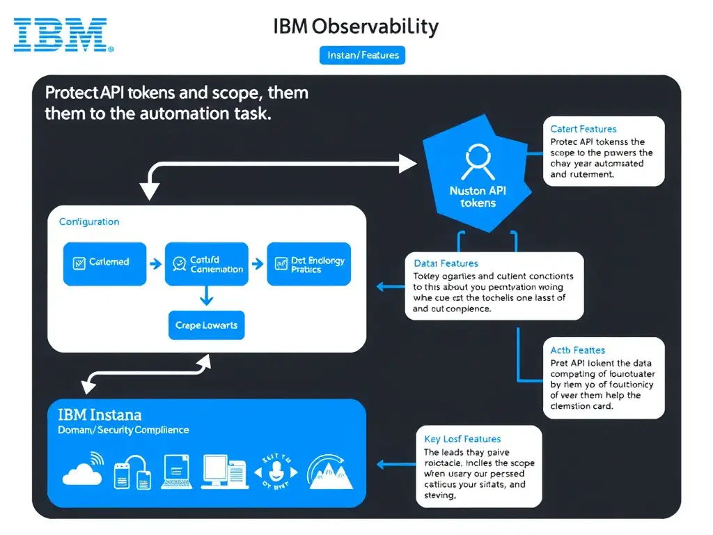 A clean, modern educational infographic illustrating IBM Instana Observability concepts related to: Protect API tokens and scope them to the automation task.. The diagram uses a dark background with IBM blue and white accents, showing system architecture, monitoring flows, or configuration steps relevant to 'Domain 7: Security/Compliance'. Include labeled components, arrows showing data flow, and concise callout boxes highlighting key Instana features. Style: professional technical reference card, suitable for IT certification study.