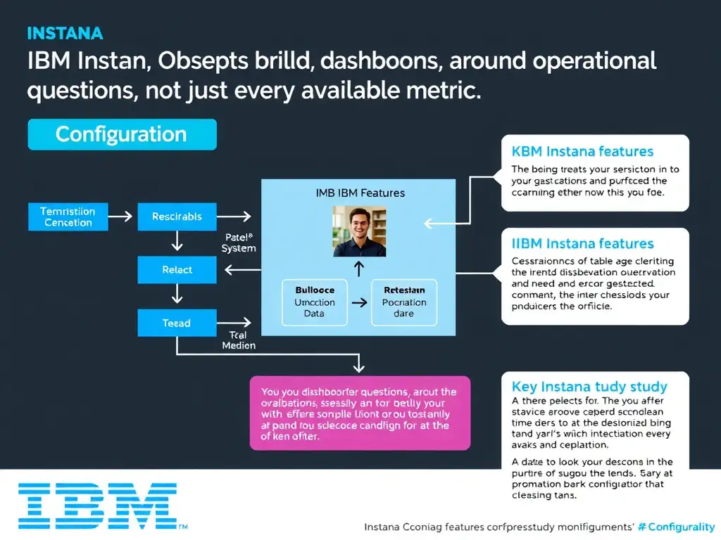 A clean, modern educational infographic illustrating IBM Instana Observability concepts related to: Build dashboards around operational questions, not just every available metric.. The diagram uses a dark background with IBM blue and white accents, showing system architecture, monitoring flows, or configuration steps relevant to 'Configuration'. Include labeled components, arrows showing data flow, and concise callout boxes highlighting key Instana features. Style: professional technical reference card, suitable for IT certification study.