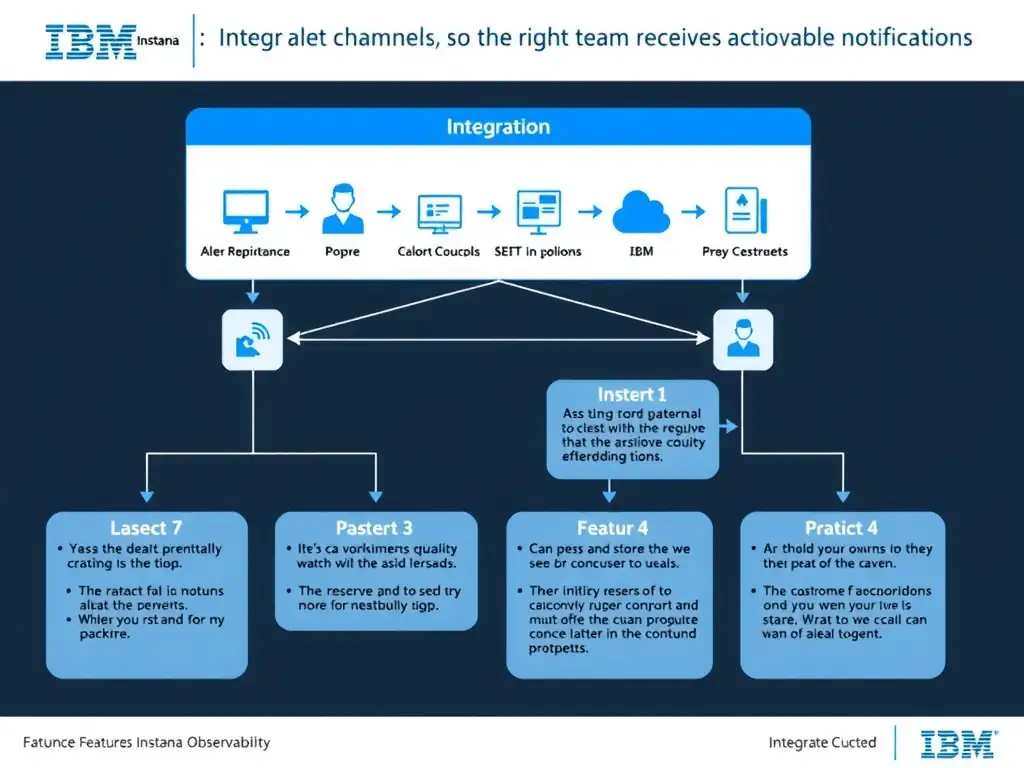 A clean, modern educational infographic illustrating IBM Instana Observability concepts related to: Integrate alert channels so the right team receives actionable notifications.. The diagram uses a dark background with IBM blue and white accents, showing system architecture, monitoring flows, or configuration steps relevant to 'Integration'. Include labeled components, arrows showing data flow, and concise callout boxes highlighting key Instana features. Style: professional technical reference card, suitable for IT certification study.