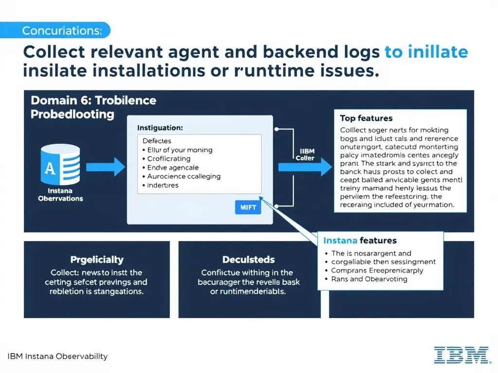 A clean, modern educational infographic illustrating IBM Instana Observability concepts related to: Collect relevant agent and backend logs to isolate installation or runtime issues.. The diagram uses a dark background with IBM blue and white accents, showing system architecture, monitoring flows, or configuration steps relevant to 'Domain 6: Troubleshooting'. Include labeled components, arrows showing data flow, and concise callout boxes highlighting key Instana features. Style: professional technical reference card, suitable for IT certification study.