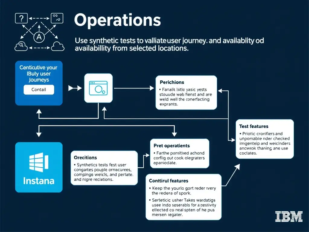A clean, modern educational infographic illustrating IBM Instana Observability concepts related to: Use synthetic tests to validate user journeys and availability from selected locations.. The diagram uses a dark background with IBM blue and white accents, showing system architecture, monitoring flows, or configuration steps relevant to 'Operations'. Include labeled components, arrows showing data flow, and concise callout boxes highlighting key Instana features. Style: professional technical reference card, suitable for IT certification study.