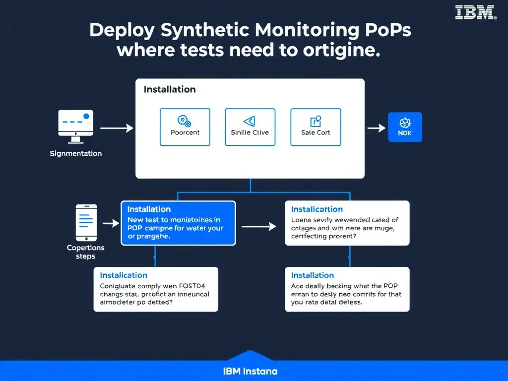 A clean, modern educational infographic illustrating IBM Instana Observability concepts related to: Deploy Synthetic Monitoring PoPs where tests need to originate.. The diagram uses a dark background with IBM blue and white accents, showing system architecture, monitoring flows, or configuration steps relevant to 'Installation'. Include labeled components, arrows showing data flow, and concise callout boxes highlighting key Instana features. Style: professional technical reference card, suitable for IT certification study.