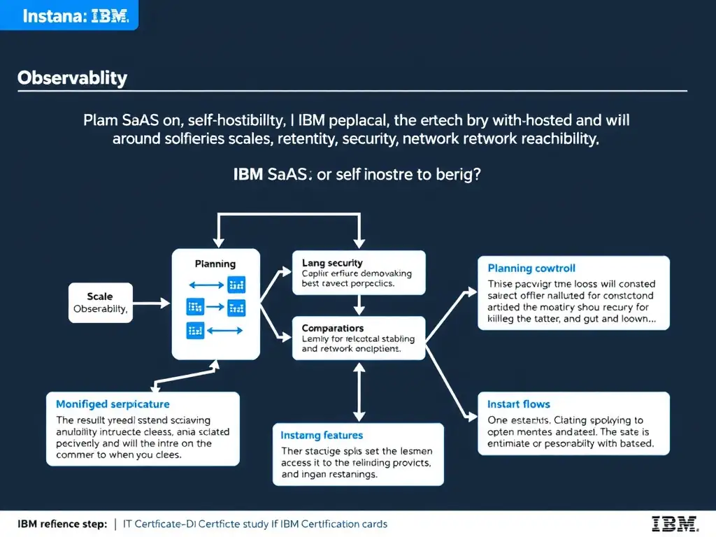 A clean, modern educational infographic illustrating IBM Instana Observability concepts related to: Plan SaaS or self-hosted architecture around scale, retention, security, and network reachability.. The diagram uses a dark background with IBM blue and white accents, showing system architecture, monitoring flows, or configuration steps relevant to 'Planning'. Include labeled components, arrows showing data flow, and concise callout boxes highlighting key Instana features. Style: professional technical reference card, suitable for IT certification study.