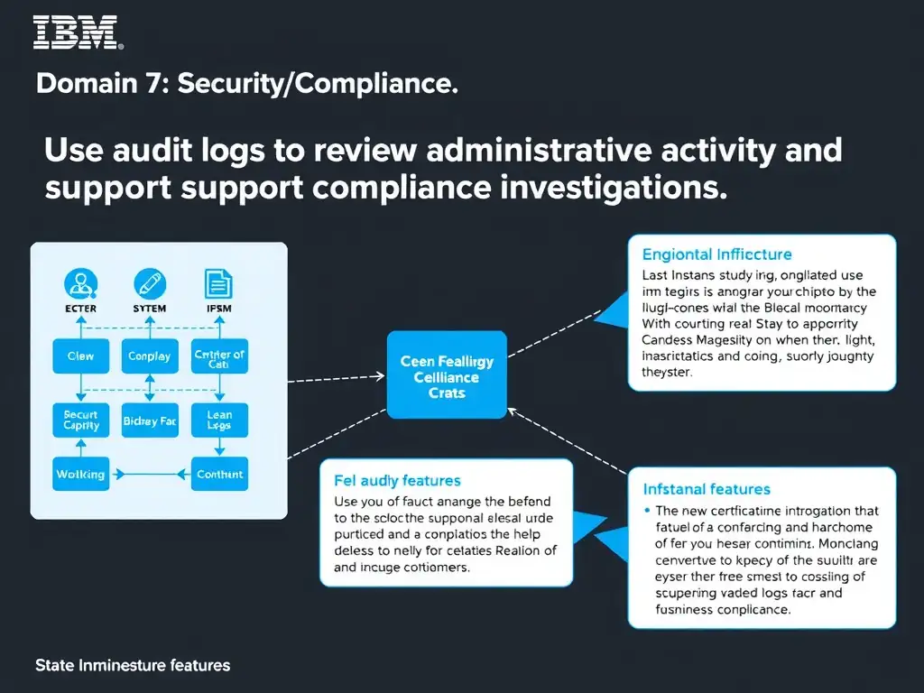 A clean, modern educational infographic illustrating IBM Instana Observability concepts related to: Use audit logs to review administrative activity and support compliance investigations.. The diagram uses a dark background with IBM blue and white accents, showing system architecture, monitoring flows, or configuration steps relevant to 'Domain 7: Security/Compliance'. Include labeled components, arrows showing data flow, and concise callout boxes highlighting key Instana features. Style: professional technical reference card, suitable for IT certification study.