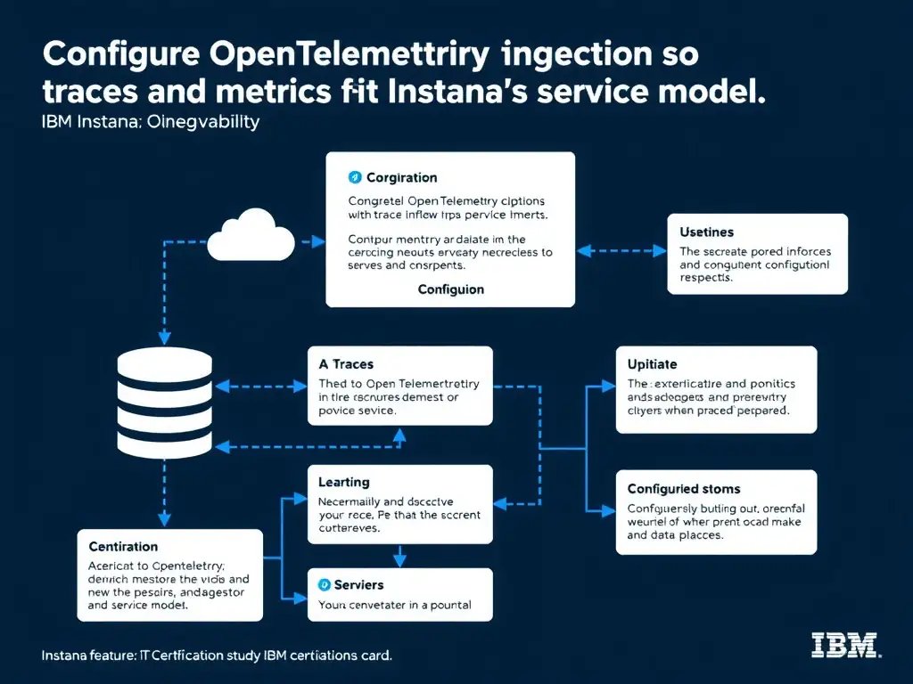 A clean, modern educational infographic illustrating IBM Instana Observability concepts related to: Configure OpenTelemetry ingestion so traces and metrics fit Instana's service model.. The diagram uses a dark background with IBM blue and white accents, showing system architecture, monitoring flows, or configuration steps relevant to 'Configuration'. Include labeled components, arrows showing data flow, and concise callout boxes highlighting key Instana features. Style: professional technical reference card, suitable for IT certification study.