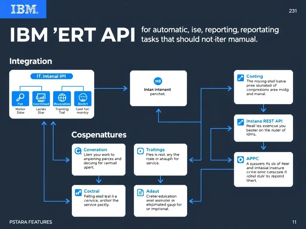 A clean, modern educational infographic illustrating IBM Instana Observability concepts related to: Use the Instana REST API for automation, reporting, and integration tasks that should not be manual.. The diagram uses a dark background with IBM blue and white accents, showing system architecture, monitoring flows, or configuration steps relevant to 'Integration'. Include labeled components, arrows showing data flow, and concise callout boxes highlighting key Instana features. Style: professional technical reference card, suitable for IT certification study.