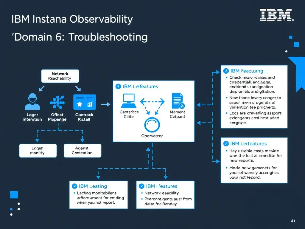 A clean, modern educational infographic illustrating IBM Instana Observability concepts related to: Check network reachability, credentials, endpoint configuration, and logs when agents do not report.. The diagram uses a dark background with IBM blue and white accents, showing system architecture, monitoring flows, or configuration steps relevant to 'Domain 6: Troubleshooting'. Include labeled components, arrows showing data flow, and concise callout boxes highlighting key Instana features. Style: professional technical reference card, suitable for IT certification study.