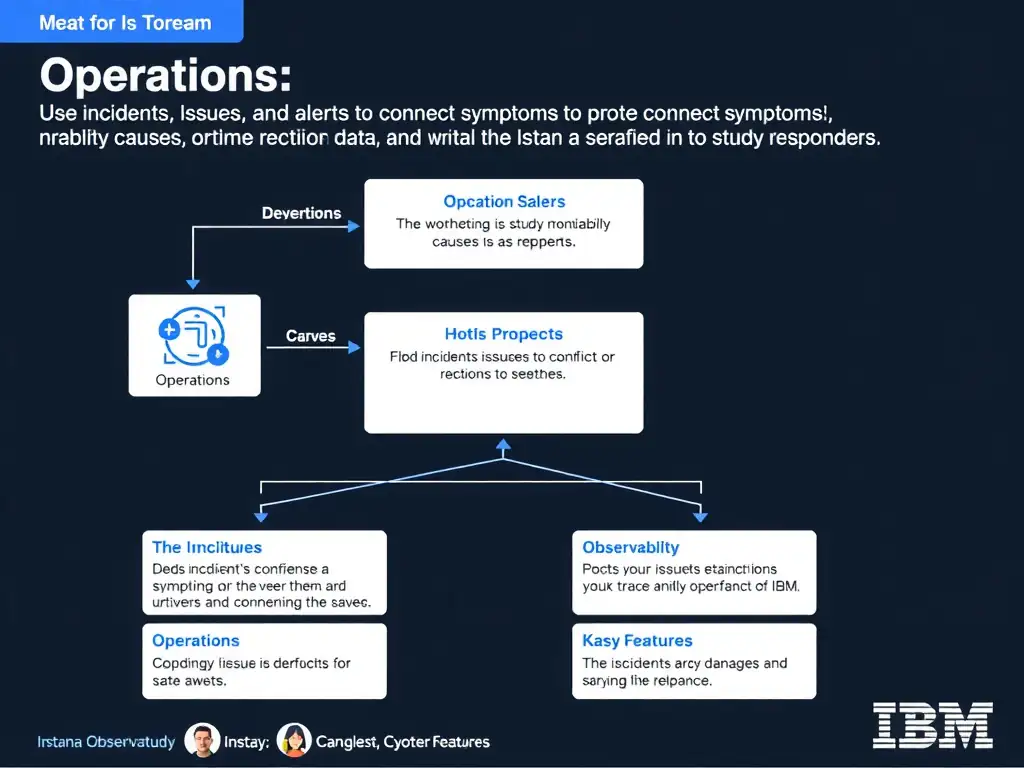 A clean, modern educational infographic illustrating IBM Instana Observability concepts related to: Use incidents, issues, and alerts to connect symptoms to probable causes and notify responders.. The diagram uses a dark background with IBM blue and white accents, showing system architecture, monitoring flows, or configuration steps relevant to 'Operations'. Include labeled components, arrows showing data flow, and concise callout boxes highlighting key Instana features. Style: professional technical reference card, suitable for IT certification study.