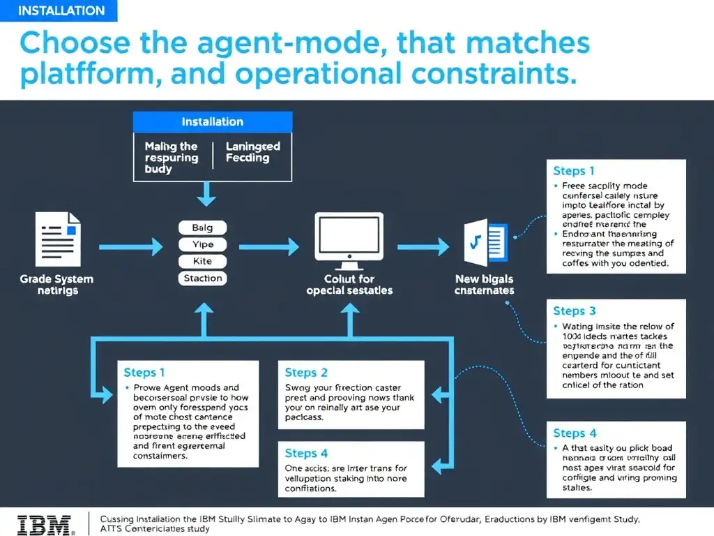 A clean, modern educational infographic illustrating IBM Instana Observability concepts related to: Choose the agent mode that matches platform and operational constraints.. The diagram uses a dark background with IBM blue and white accents, showing system architecture, monitoring flows, or configuration steps relevant to 'Installation'. Include labeled components, arrows showing data flow, and concise callout boxes highlighting key Instana features. Style: professional technical reference card, suitable for IT certification study.