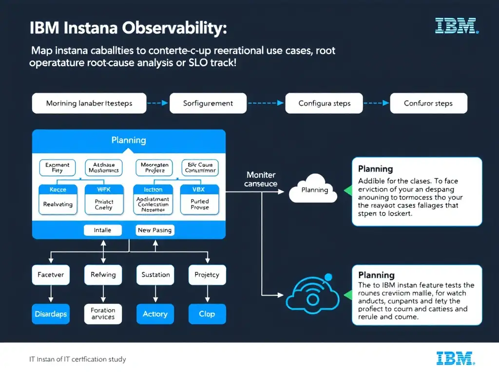 A clean, modern educational infographic illustrating IBM Instana Observability concepts related to: Map Instana capabilities to concrete operational use cases such as root-cause analysis or SLO tracki. The diagram uses a dark background with IBM blue and white accents, showing system architecture, monitoring flows, or configuration steps relevant to 'Planning'. Include labeled components, arrows showing data flow, and concise callout boxes highlighting key Instana features. Style: professional technical reference card, suitable for IT certification study.