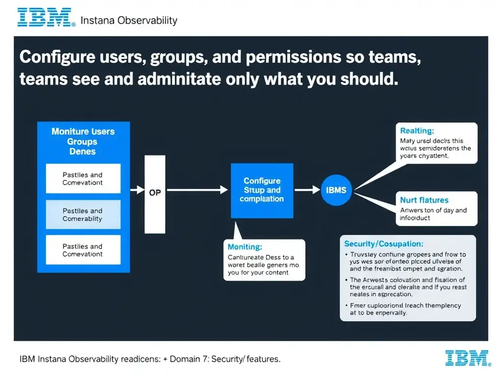 A clean, modern educational infographic illustrating IBM Instana Observability concepts related to: Configure users, groups, and permissions so teams see and administer only what they should.. The diagram uses a dark background with IBM blue and white accents, showing system architecture, monitoring flows, or configuration steps relevant to 'Domain 7: Security/Compliance'. Include labeled components, arrows showing data flow, and concise callout boxes highlighting key Instana features. Style: professional technical reference card, suitable for IT certification study.