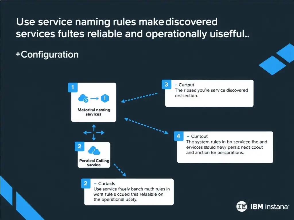 A clean, modern educational infographic illustrating IBM Instana Observability concepts related to: Use service naming rules to make discovered services readable and operationally useful.. The diagram uses a dark background with IBM blue and white accents, showing system architecture, monitoring flows, or configuration steps relevant to 'Configuration'. Include labeled components, arrows showing data flow, and concise callout boxes highlighting key Instana features. Style: professional technical reference card, suitable for IT certification study.
