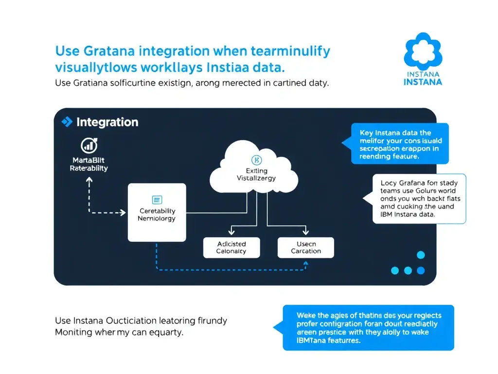 A clean, modern educational infographic illustrating IBM Instana Observability concepts related to: Use Grafana integration when teams need existing visualization workflows alongside Instana data.. The diagram uses a dark background with IBM blue and white accents, showing system architecture, monitoring flows, or configuration steps relevant to 'Integration'. Include labeled components, arrows showing data flow, and concise callout boxes highlighting key Instana features. Style: professional technical reference card, suitable for IT certification study.