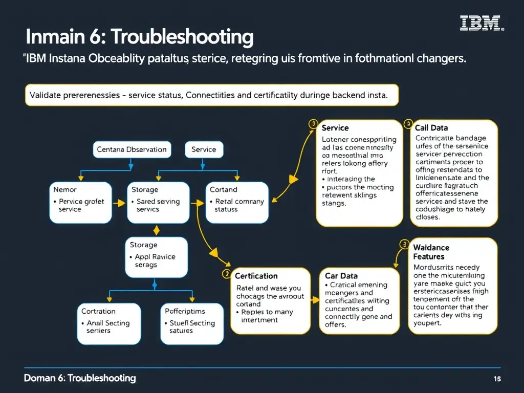 A clean, modern educational infographic illustrating IBM Instana Observability concepts related to: Validate prerequisites, service status, storage, certificates, and connectivity during backend insta. The diagram uses a dark background with IBM blue and white accents, showing system architecture, monitoring flows, or configuration steps relevant to 'Domain 6: Troubleshooting'. Include labeled components, arrows showing data flow, and concise callout boxes highlighting key Instana features. Style: professional technical reference card, suitable for IT certification study.