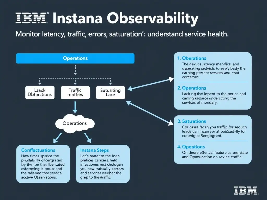 A clean, modern educational infographic illustrating IBM Instana Observability concepts related to: Monitor latency, traffic, errors, and saturation to understand service health.. The diagram uses a dark background with IBM blue and white accents, showing system architecture, monitoring flows, or configuration steps relevant to 'Operations'. Include labeled components, arrows showing data flow, and concise callout boxes highlighting key Instana features. Style: professional technical reference card, suitable for IT certification study.
