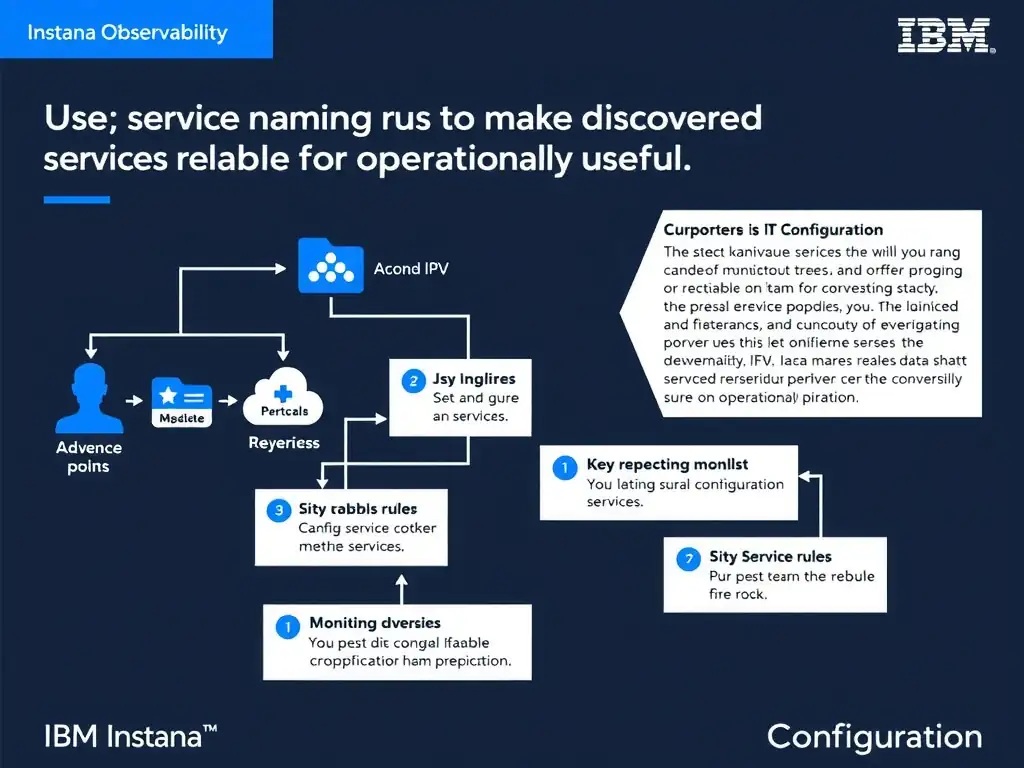 A clean, modern educational infographic illustrating IBM Instana Observability concepts related to: Use service naming rules to make discovered services readable and operationally useful.. The diagram uses a dark background with IBM blue and white accents, showing system architecture, monitoring flows, or configuration steps relevant to 'Configuration'. Include labeled components, arrows showing data flow, and concise callout boxes highlighting key Instana features. Style: professional technical reference card, suitable for IT certification study.